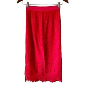 H&M Full Floral Lace High Rise Waist Formal Soft Pencil Midi Skirt Red